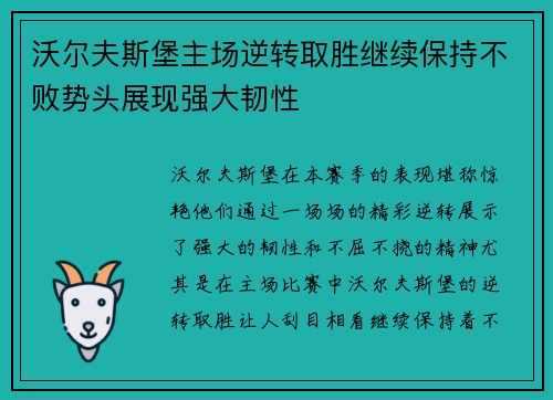 沃尔夫斯堡主场逆转取胜继续保持不败势头展现强大韧性