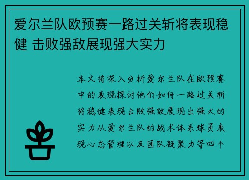 爱尔兰队欧预赛一路过关斩将表现稳健 击败强敌展现强大实力