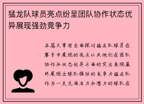 猛龙队球员亮点纷呈团队协作状态优异展现强劲竞争力